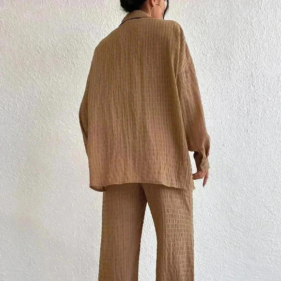 Brown Casual Women's Solid Drop Shoulder Shirt & Wide Leg Pants - Picture 2 of 6